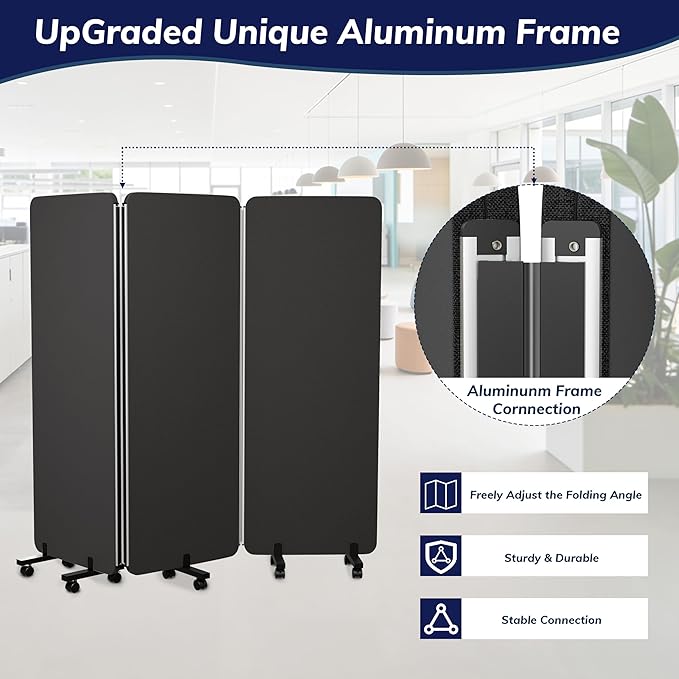 3 Panel Foldable Office Partitions, Mobile Cubicle Wall with Wheels, 71 x 66 Inch Noise Cancelling & Sound Proof Room Dividers Partition Wall, Aluminum Frame Dark Gray