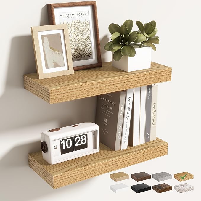 Acovy 16 Inch Floating Shelves for Wall 2 Pack, 16" Wall Shelves for Books, Storage, Decor, Wall Mounted Floating Shelf with Invisible Brackets for Kitchen, Living Room, Light Brown