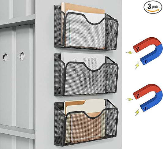 JANE EYRE Magnetic File Holder - 3PCS File Paper Mail Organizer No Drilling Magazine Paper Document Holder/Magnetic Hanging File Organizer for File Cabinets, Office, Whiteboard, BLACK