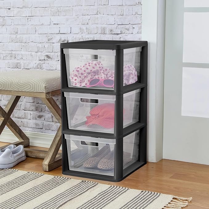 Plastic Drawer Wide Tower Plastic Storage Cart with Clear Pull Out Drawers, Black (Black, 3 Drawer Wide Tower)