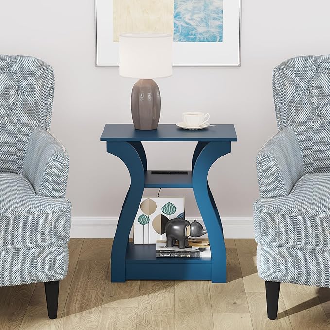 FROMJBEST End Tables Living Room, End Table end Table with Charging Station and USB,Navy Blue Side Table, Nightstand for Bedroom,3 Tier End Table with Storage Shelf for Living Room
