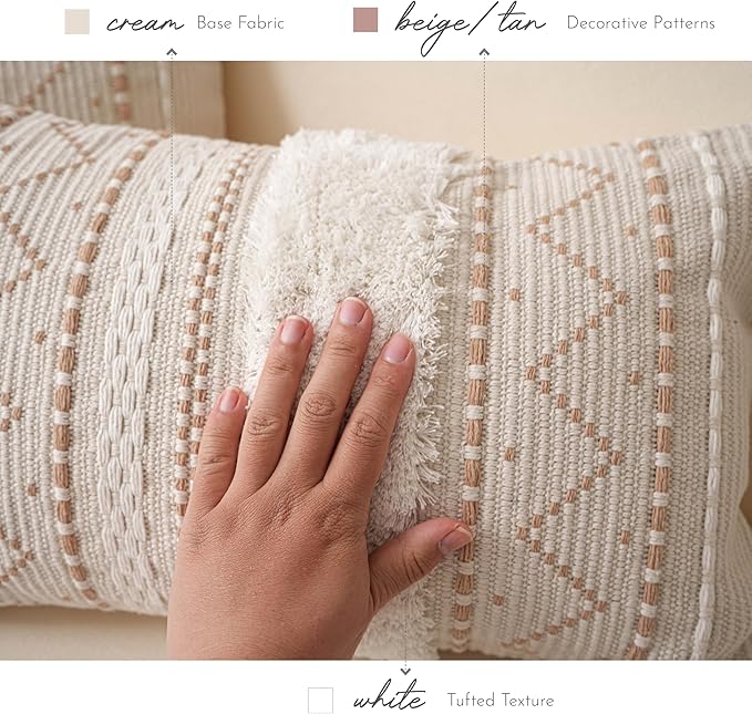 BlissBlush 18X18 Throw Pillow Cover, Cream Neutral Beige Square Decorative Cushion Cover, Boho Accent Pillowcase with Tufted Details and Tassels for Couch Sofa Living Room(Cover Only)