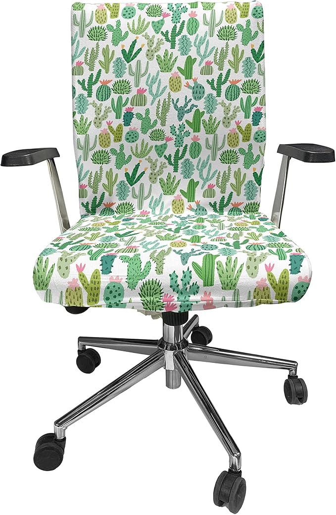 Ambesonne Cactus Office Chair Cover, Continuous Cacti Plants Mexican Theme Sketch Illustration on Plain Backdrop, Stretchable Decorative Universal Size High Back Printed Slipcover, White Seafoam