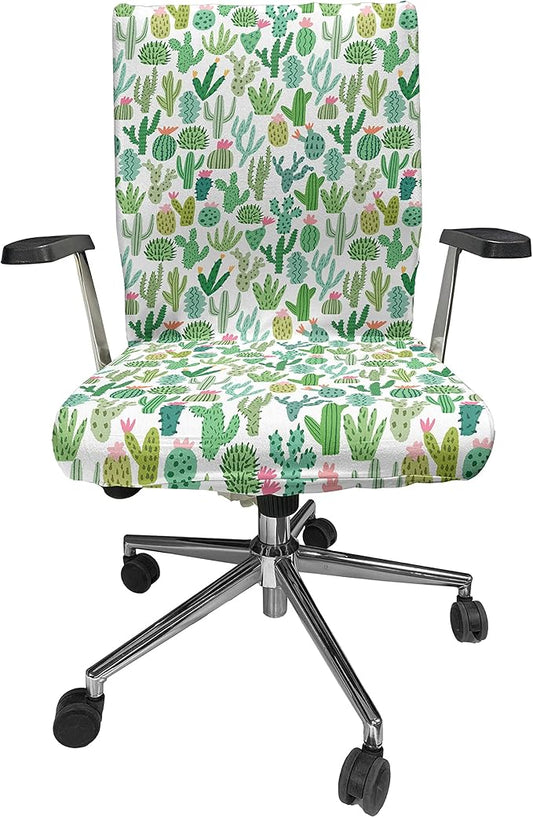 Ambesonne Cactus Office Chair Cover, Continuous Cacti Plants Mexican Theme Sketch Illustration on Plain Backdrop, Stretchable Decorative Universal Size High Back Printed Slipcover, White Seafoam