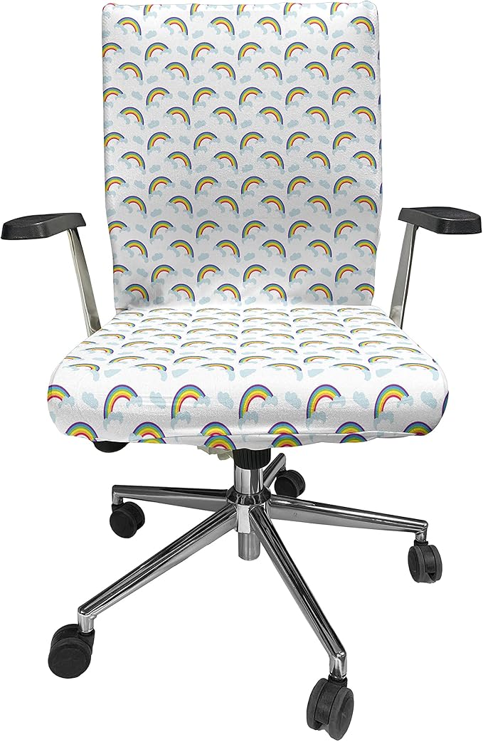 Ambesonne Rainbow Office Chair Cover, Rainbows Over Clouds Dreamy Sky Creative Joyful Playroom, Stretchable Decorative Universal Size High Back Printed Slipcover, Blue Red Yellow