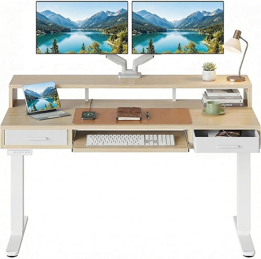 HUANUO 55″ x 26″ Electric Standing Desk with 2 Drawers &24.4″ Large Keyboard Tray, C-Clamp Mount Compatible, Adjustable Computer Desk for Office, Sit Stand Up Desk with 4 Height Presets, Light Walnut