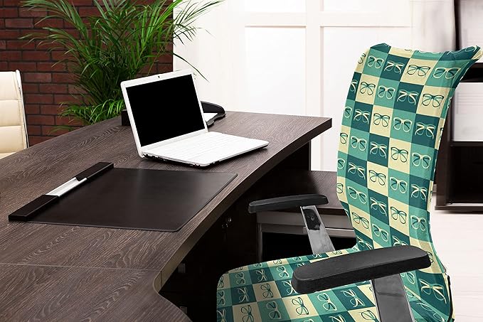 Ambesonne Indie Office Chair Cover, Pattern with Eyeglasses in Vintage Style Hipster Cool Design Modern, Stretchable Decorative Universal Size High Back Printed Slipcover, Green Blue