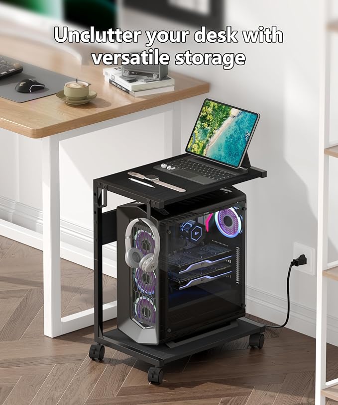 Akxomel 2 Tier Computer Tower Stand with Charging Station, 11.8" D x 16.5" W Rolling Floor PC Tower Stand Fits Under Desk, CPU Holder Cart for Carpet with Hooks, Home Office