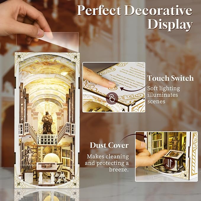 MiniCity Book Nook Kit, DIY Miniature Dollhouse Booknook Kit, 3D Wooden Puzzle Bookend Bookshelf Insert Decor with LED Light for Teens and Adults (Library of Gods)