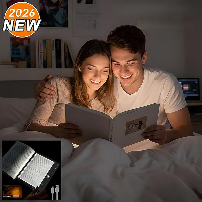 XL LED Reading Book Light Page, Eye-Caring Dimmable Lights for Books in Bed, 3 Color & Stepless Dimmable, USB Portable Flat Panel Lamp Page, Night Light for Kids & Adults (Matte Black)