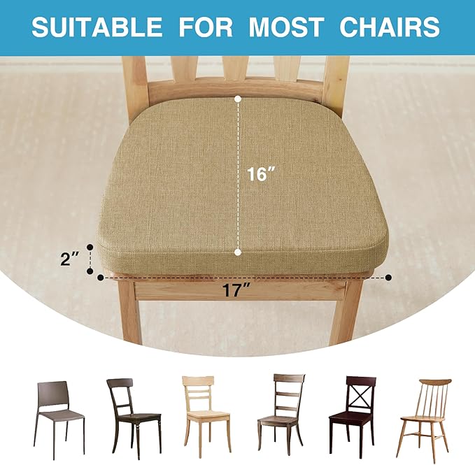 IASEAHK Chair Cushions for Dining Chairs Set of 4, Non Slip Kitchen Chair Pads, 17" x 16" x 2", Indoor Dining Chair Cushions with Ties, D-Shaped Seat Cushions for Kitchen Chairs, Khaki