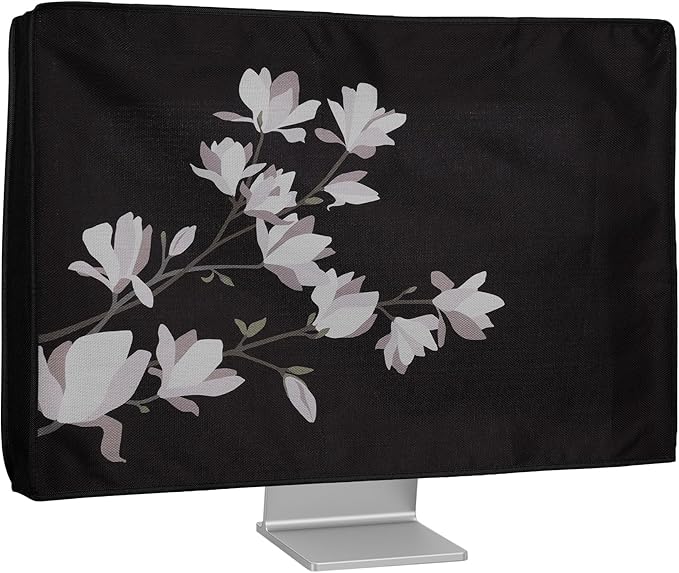kwmobile Dust Cover for 27-28" Monitor - Linen Monitor Protector with Design - Magnolias Taupe/Brown/Black