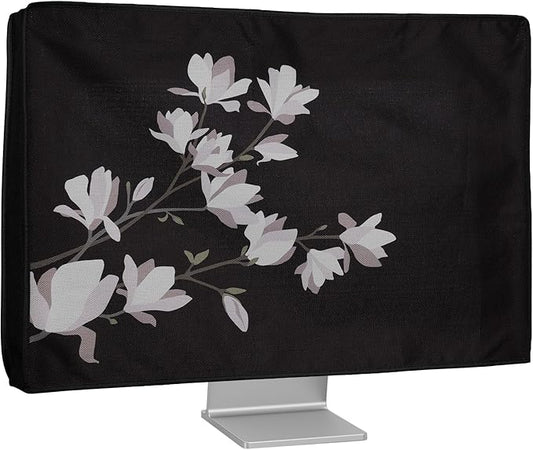 kwmobile Dust Cover for 27-28" Monitor - Linen Monitor Protector with Design - Magnolias Taupe/Brown/Black