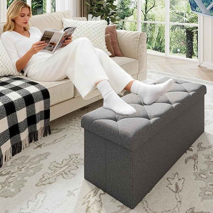 30W Folding Ottoman with Storage Bench,Storage Ottoman Bench,15W Inches Ottoman Foot Rest,End of Bed Bench,Support 660LBS Foot Rest Stool for Living Room,Bedroom,Dark Gray（30W+30W+15W