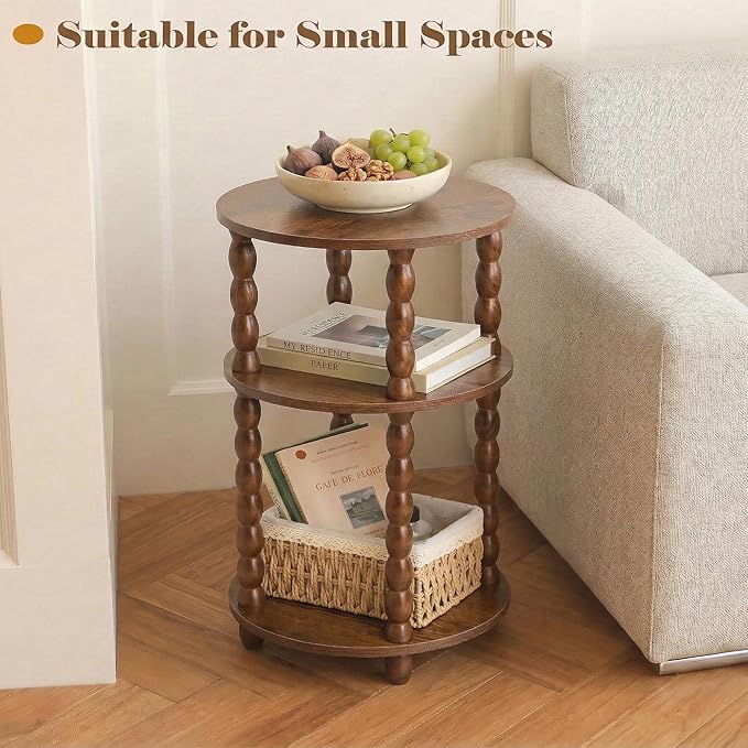 Round Side Table with 3-Tier Shelves, Small End Table with Solid Wood Legs for Living Room Bedroom, Modern Circular Coffee Table Nightstand for Small Spaces, Easy No-Tool Assembly