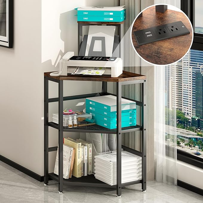 METYERRY Corner Printer Stand Table, with Power Outlet and USB Charging & LED Lights, for Home Printer Stands, Storage Shelf, Computer Tower/CPU Stand Holder for Home Office, Rustic Brown