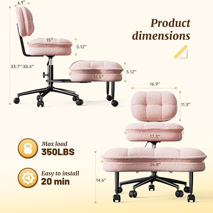 DurayLoly Ergonomic Criss Cross Office Chair, Swivel Chair with Wheels & Backrest, Comfy Office Chair with Foot Rest for ADHD, Height Adjustable, Thicken Cushion, Teddy Fabric, Light Pink