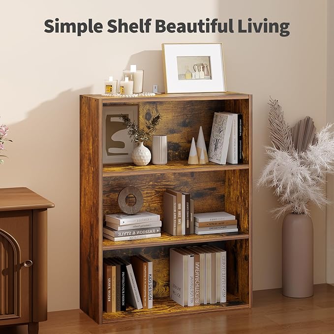 Sweetcrispy Industrial 3 Shelf Bookcase - Large 31.5 Inch Tall Floor Standing Open Bookshelf for Home Office, Living Room, and Bedroom Storage, Brown