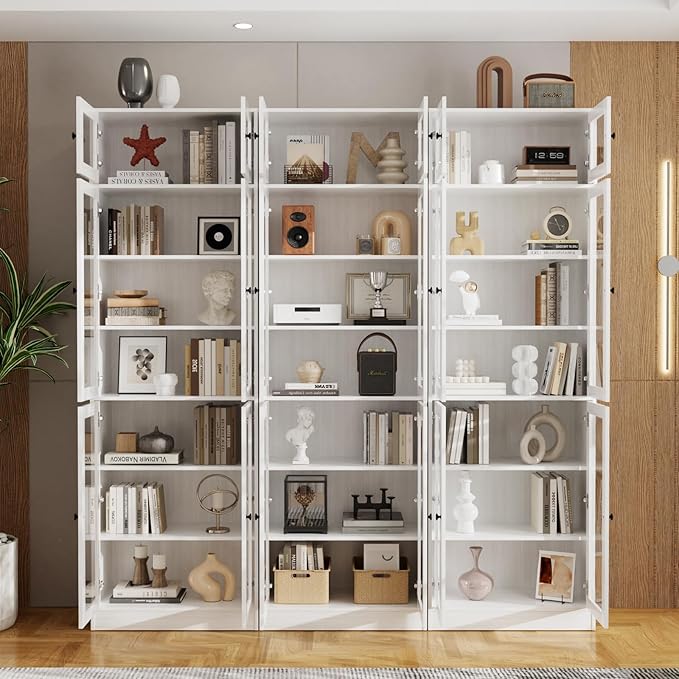 VOWNER 85.5“ H Bookcase with Doors, Wooden Bookshelves and Bookcases for Home Office, Pantry Cabinet with Doors and Shelves, 7-Tier Laundry Room Cabinets, Storage Cabinets for Dining Room (White)