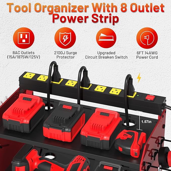 Power Tool Organizer Wall Mount wtih Charging Station,4 Drill Holder Wall Mount with 8 Outlet Power Strip,Heavy Duty Tool Rack with Hooks,Screwdriver Organizer in Garage(Dark Red,3 Layers)