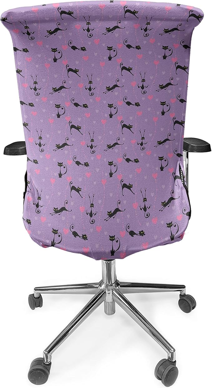Ambesonne Cat Office Chair Cover, Funky Romantic Pattern with Little Hearts Funny Jumping Black Cat Characters, Stretchable Decorative Universal Size High Back Printed Slipcover, Lavender Black
