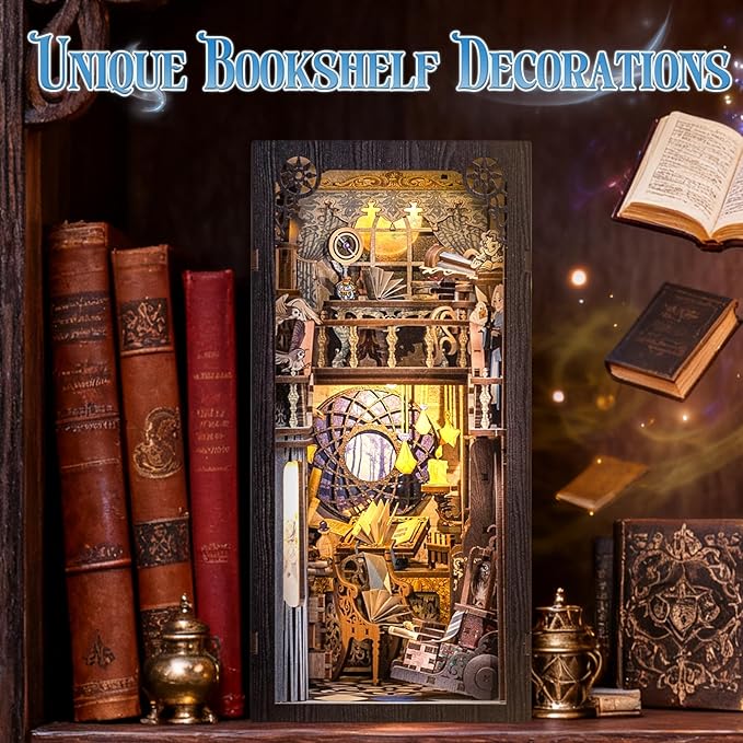 Fsolis Book Nook Kit, Bookshelf 3D Wooden Puzzles for Adults DIY Booknook Miniature Decorative Bookends with Light and Dust Cover Gifts for Women Readers Book Lovers (Nebula Common Room)