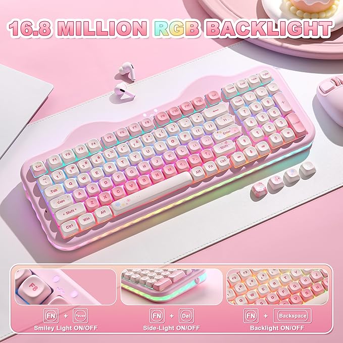 YUNZII C98 Wireless Mechanical Keyboard with Number Pad,99 Key BT5.0/2.4G/USB-C Hot Swap Gasket Mount with PBT MOA Keycaps,Custom RGB,Cute Cake Keyboard for Win/Mac (Pink, Candy Linear Switch)