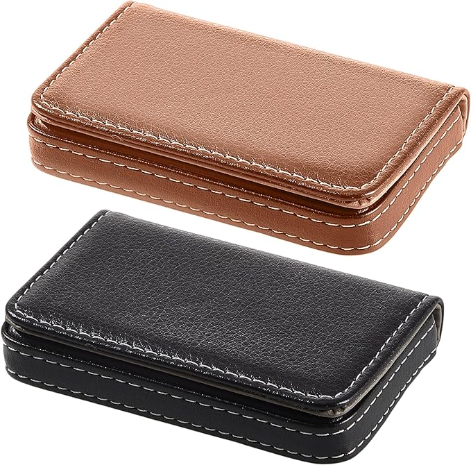 Outus 2 Pcs Business Card Holder, PU Leather Business Card Case Pocket Wallet with Magnetic Shut for Valentines Gift Adult(Black, Apricot)
