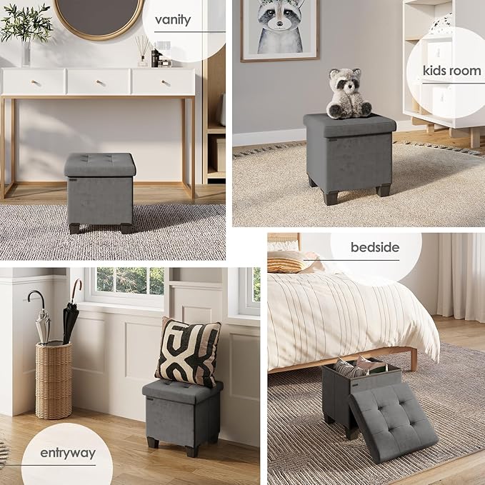 Storage Ottoman Cube with Small Bin, 15-in Square Ottoman with Storage for Living Room and Bedroom, Small Ottomans Foot Rest, Velvet Foot Stools Ottomans Max 330lbs, Grey
