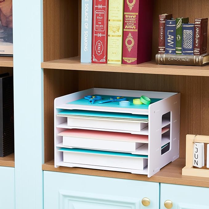 Juexica 4 Tier Scrapbook Paper Trays Organizer 12.6 x 12.6 x 8.3 Inch Stackable Paper Storage for Desk Desktop File Organizer for Home Office Classroom Decorations