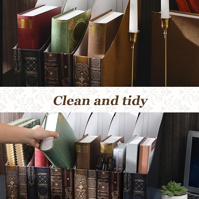 Geetery 6 Pcs File Magazine Organizer 3 x 11 x 12'' Vintage Decorative Classic Books Themed Magazine Holder Easy to Assemble Classic Books Rack File for Shelves Desk Home(Chic)
