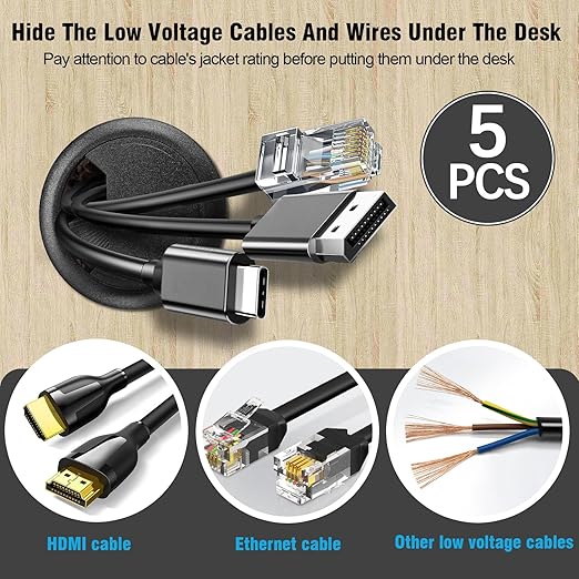 2-3/8" Spring Desk Grommet, JTemgle Plastic Cable Hole Cover Computer Table Cord Wire Organizer Caps Desktop Cord Management for Home Office TV Stands Tabletops - Black, 5 Pcs