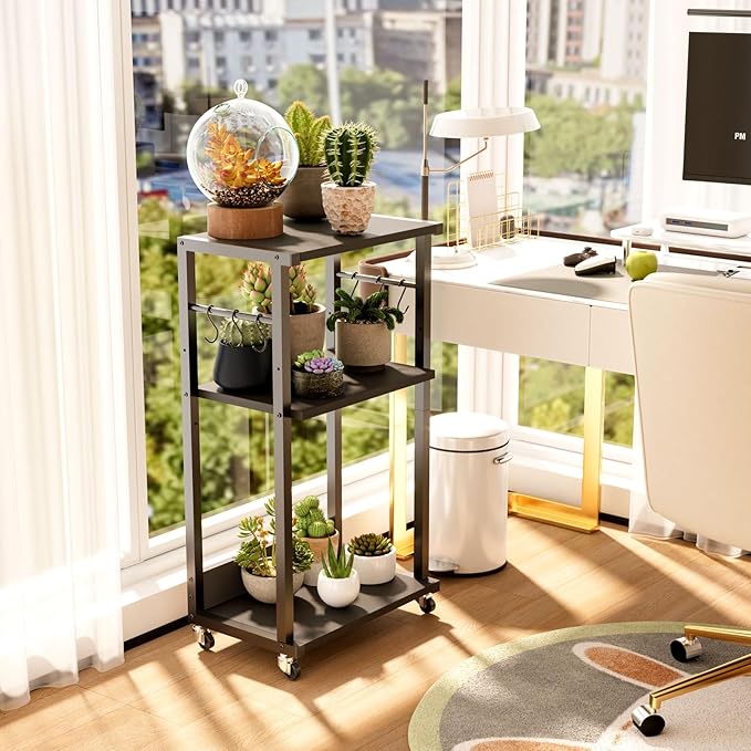 YMYNY Mobile Printer Stand, 3-Tier Printer Cart with Adjustable Storage Shelf and 6 S-Hooks, Tall Printer Table for Home Office, for Computer Tower Stand, Shredder, CPU Stand, Black, UHPT002B