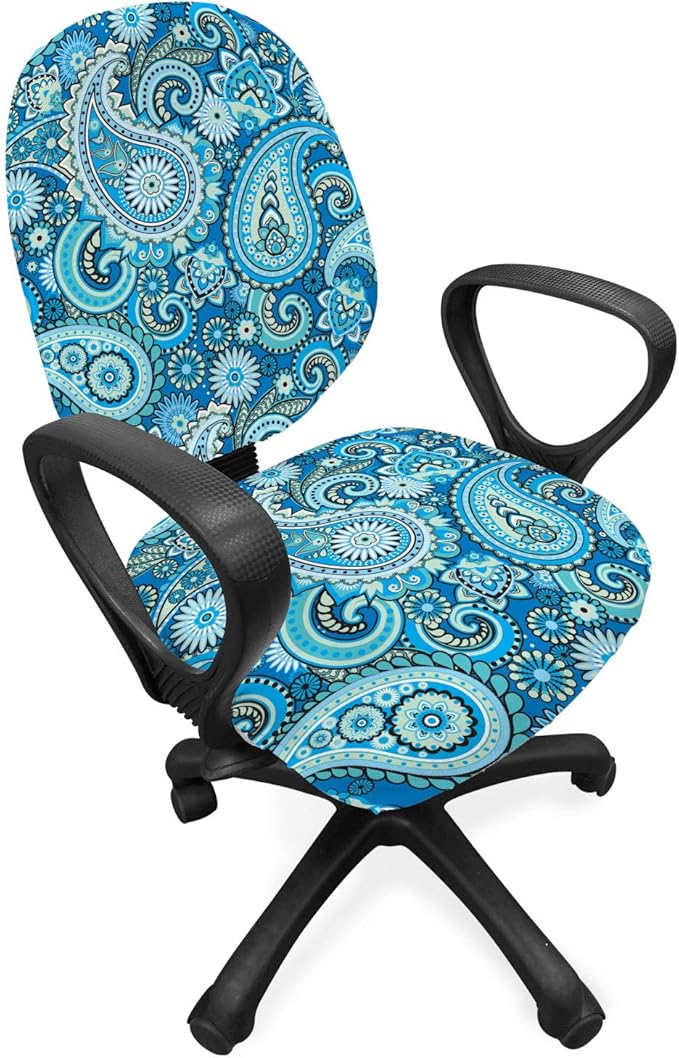 Ambesonne Blue Paisley Office Chair Slipcover, Folk Ornament Flower Like Elements Buta Motifs Illustration Print, Protective Stretch Decorative Fabric Cover, Standard Size, Blue Green