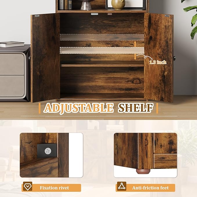 Furniwell Industrial Bookshelf and Bookcases with Doors Modern Bookshelf Cabinet Tall Book Shelves Storage for Home Office, Bedroom (Rustic Brown)