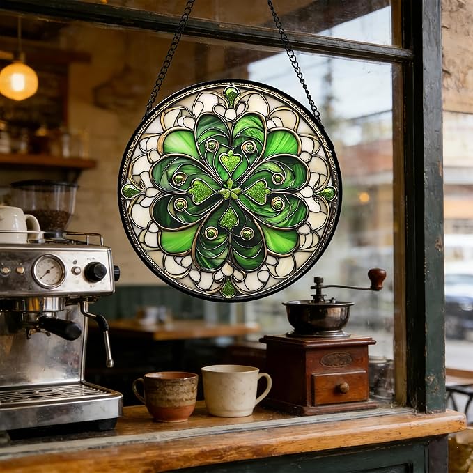 DASTOLL Stained Glass Window Hanging St. Ripak Festival Green Lucky Clover 7.8" - Suncatcher Door Garden Sun Catcher Ireland Decor Mother's Day for Mom Woman Her Men Sisters
