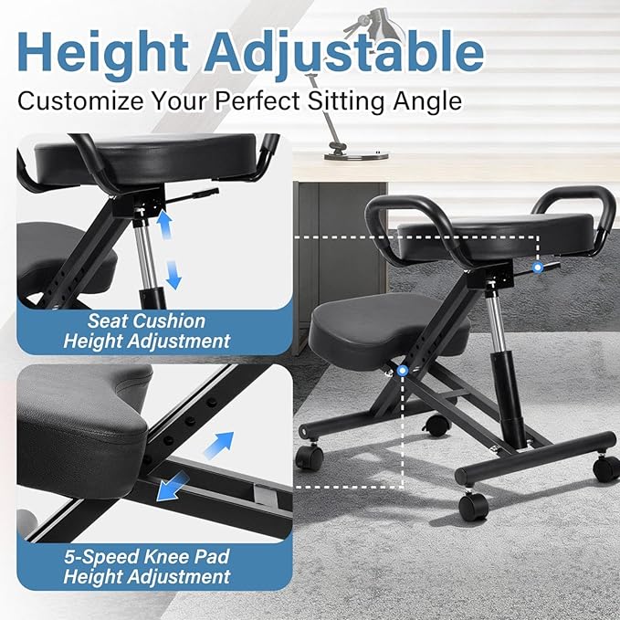 Ergonomic Kneeling Chair, Kneeling Chair with Locking Wheels, Adjustable Height Kneeling Support Chairs, PU Computer Kneel Chairs for Living Room