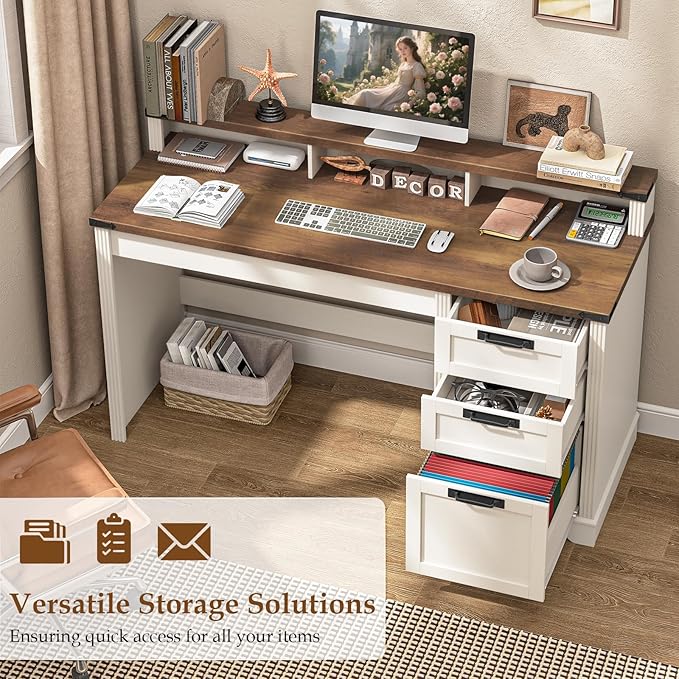 Vabches 55" Farmhouse Executive Desk with 3 Drawers, Wooden Computer Desk with Keyboard Tray, Home Office Desk with File Drawer (Fits A4 Size) for Work and Study, White and Brown