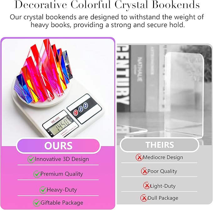 H&D HYALINE & DORA 1Pair 3Lbs Crystal Bookends for Shelves Decorative Glass Bookends for Heavy Books Geometric Triangle Shape Non-Skid Book Ends Heavy Bookends Home Office Decor(Colorful)