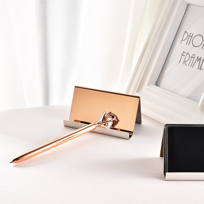Maxdot 2 Pack Stainless Steel Business Cards Holders Desktop Credit Name Card Display Organizer for Business Mental Name Case Rack for Office Home Daily Use(Rose Gold)