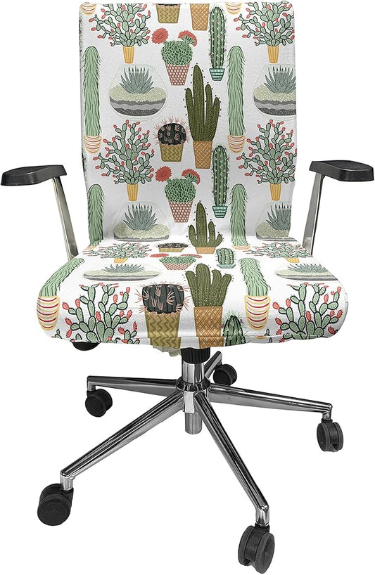 Ambesonne Cactus Office Chair Cover, Pattern with Succulent Plants and Cactuses in Pots Botanical Floral Mexican Garden, Stretchable Decorative Universal Size High Back Printed Slipcover, Fern Green