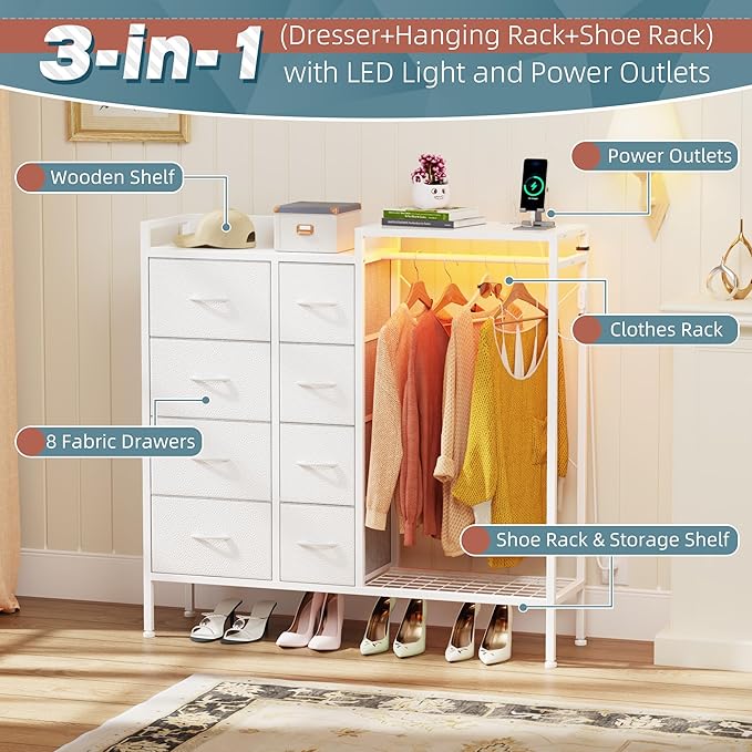 HIGDBFE Dresser with Hanging Rack, 8-Drawer Dresser for Bedroom with Charging Station & LED Lights, Fabric Dressers with Shoe Rack, Chest of Drawers with Wooden Top for Bedroom, White, 11.8" D