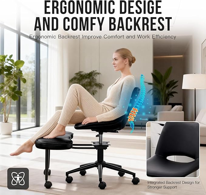 Ergonomic Cross Legged Office Chair with Wheels, 360° Swivel ADHD Chairs for Adults, Height Adjustable Seat for Meditation, Yoga - Wide Criss Cross Chair with Lumbar Support, Kneeling Chair, Black