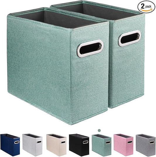 2 Pack Letter Size File Storage Box Collapsible，Fabric Hanging File Folders Organizer, Portable Office Document Holder with Metal Handle, Smooth PVC Rails, Green