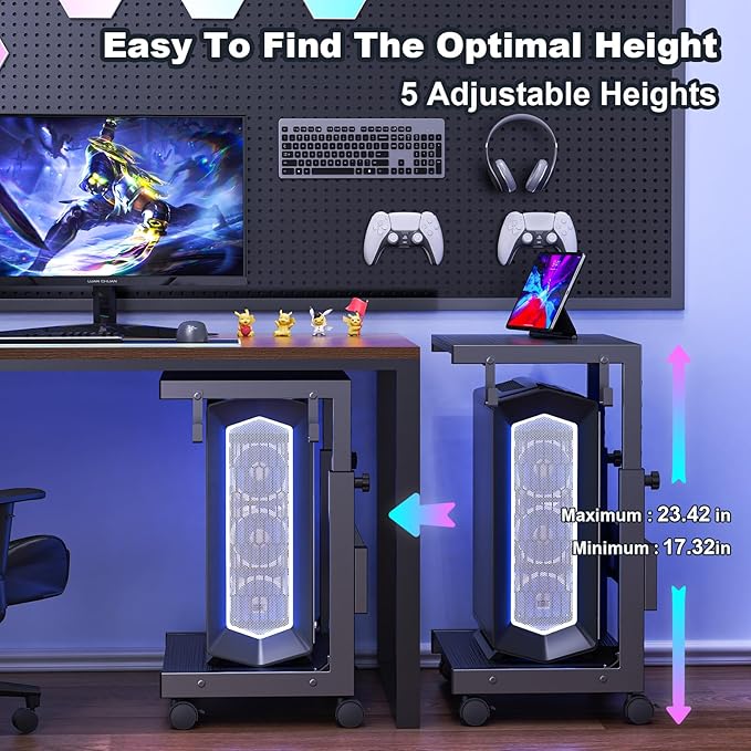 Computer Tower Stand with Charge Station and USB Charging Port - Height Adjustable PC Tower Stand, Under Desk CPU Holder Cart with Locking Caster Wheels for Fits Most PC