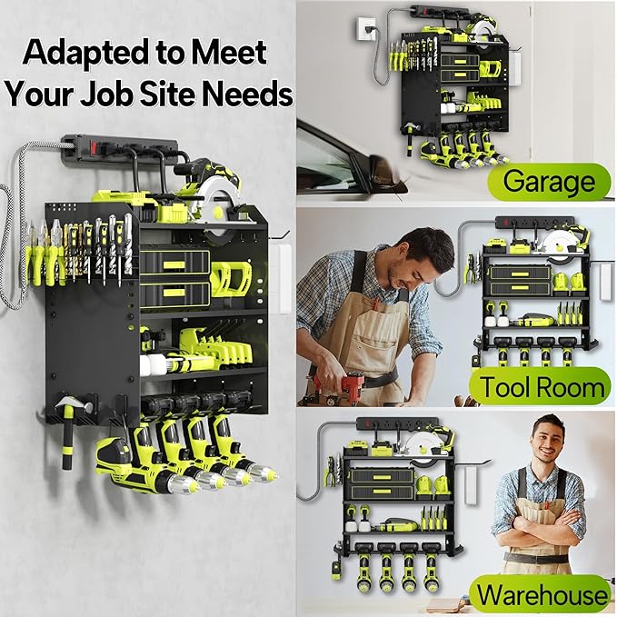 4 Layer Heavy Duty Power Tool Organizer Wall Mount with Charging Station, Adjustable Metal Storage Rack, 6 Outlets Strip, Drill Holders, Hooks & Drill Bit Rack for Garage, Workshop, Black