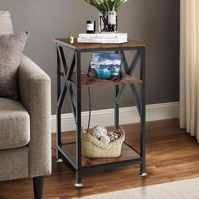 TooCust 3 Tier End Table with Charging Station, 16" W x 12" D x 28" H, Metal and Brown Bedside Table with USB Ports and Outlets, X-Shaped Side Tables with Wheels for Living Room, Bedroom, Kitchen