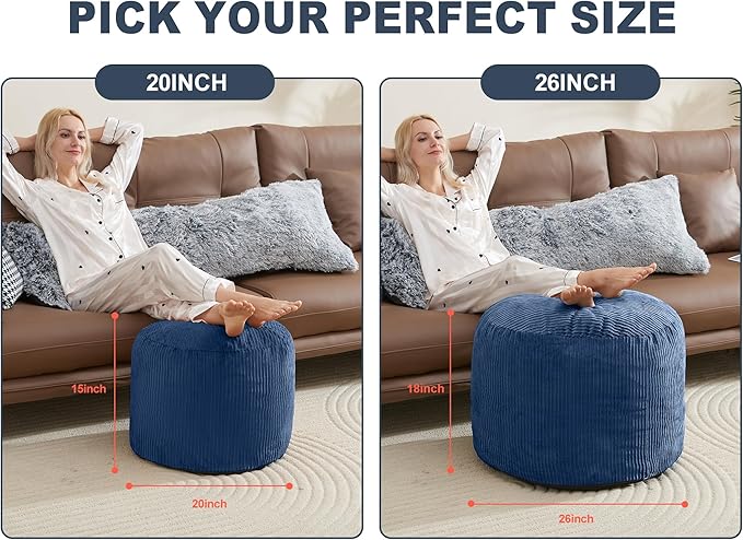 WSOFRLAC Round Stuffed Pouf Ottoman Chair with Foot Rest Navy Blue Poof Poofy Ottoman Stool Cover with Foam Chunk Filling 20x15 Poofs Ottomans Furniture