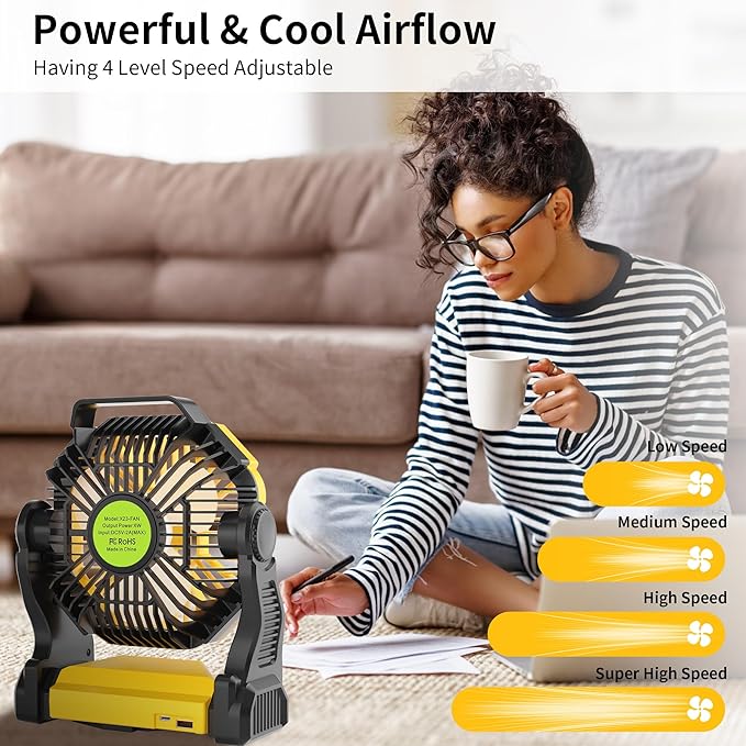 TDLOL Portable Camping Fan Cordless Battery Powered，270° Rotating Portable Battery Operated Rechargeable Fans, 360° Hanging Hook, USB Personal Outdoor Camping Fans for Tents,Travel X23 Yellow