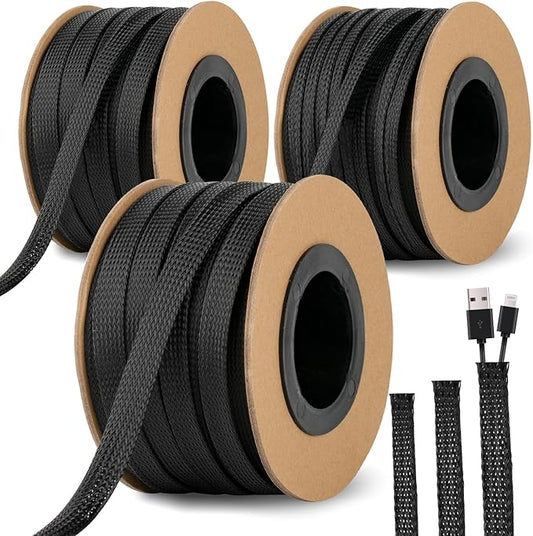 300 Feet 1/4, 1/2, 3/8 Inches Braided Wire Loom PET Cable Loom Expandable Braided Sleeving Wire Sleeve for TV, Computer, Home Theater, Black